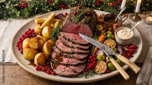 Festive Christmas Roast Beef Dinner with Roasted Vegetables
