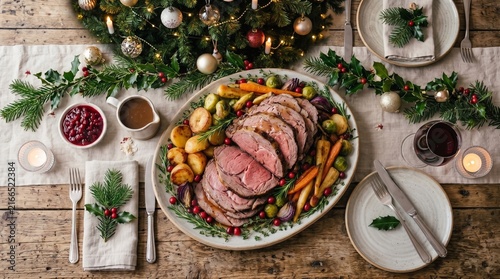 Festive Christmas Roast Beef Dinner with Roasted Vegetables