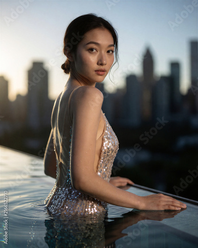 Elegant Woman in Sequin Dress by Infinity Pool at Sunset