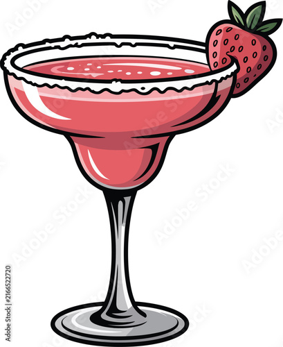 Strawberry Margarita Cocktail Glass with Fresh Fruit Garnish Vector Illustration