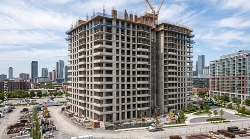 Construction site featuring a high-rise building under development with concrete framework exposed and yellow cranes visible on the roof against a bright cloudy sky with urban surroundings including r