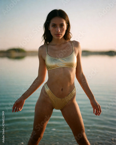 Model in Golden Swimwear by Serene Water