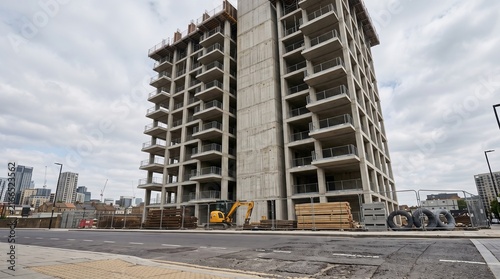 Construction site featuring a high-rise building under development with concrete framework exposed and yellow cranes visible on the roof against a bright cloudy sky with urban surroundings including r
