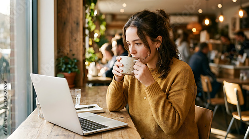 Young woman working on laptop and drinking coffee in a cozy cafe