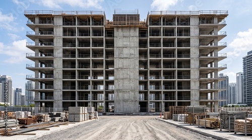 Construction site featuring a high-rise building under development with concrete framework exposed and yellow cranes visible on the roof against a bright cloudy sky with urban surroundings including r