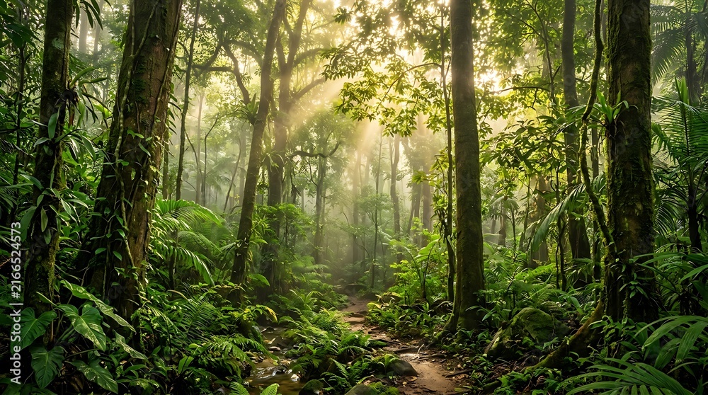 Obraz premium Sunlight streaming through trees in a lush tropical rainforest landscape at dawn.