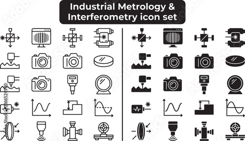 Industrial metrology and interferometry icon set featuring technical measurement tools in linear and solid vector styles