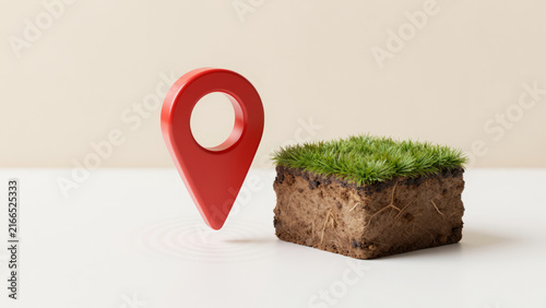 A plot of land and a red geolocation symbol. Mapping plot boundaries, surveying. Land measurement and geospatial data support planning. Surveying technology improves accuracy in development projects.