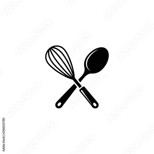Foto Minimalist kitchen whisk and spoon icon, crossed cooking utensils vector, black
