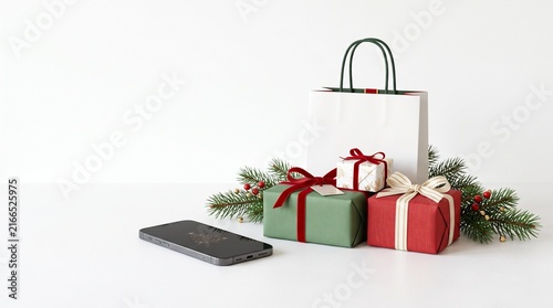 Holiday shopping concept with smartphone and wrapped Christmas gifts under festive pine sprigs
