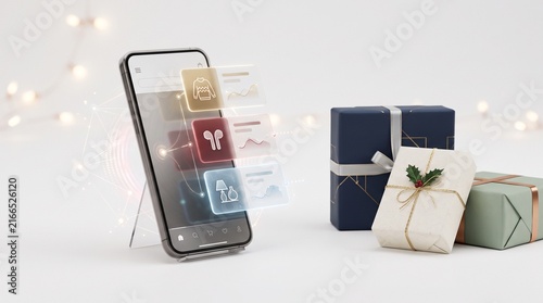 Modern smartphone showcasing online shopping app with gift boxes and holiday decor on white background