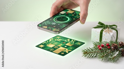 Hand holding smartphone for contactless holiday payment near festive gift box and pine branches