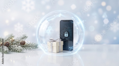 Modern smartphone encased in glowing protective bubble shield during winter snowfall outdoors