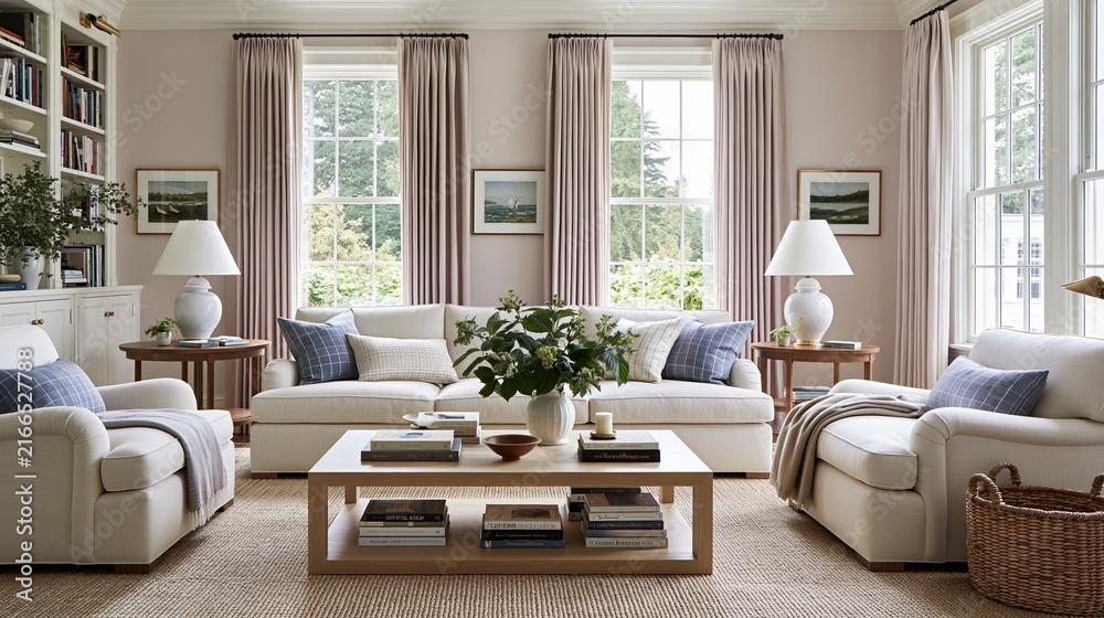 Fototapeta premium Elegant and inviting living room with plush white sofas, accent pillows, and natural light creating a cozy atmosphere
