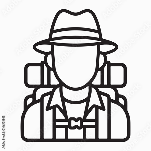 Vector line art icon of a male traveller avatar with backpack and fedora hat isolated on white background