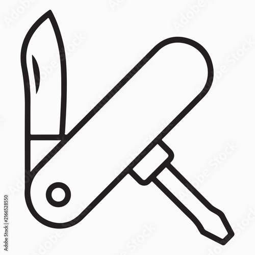 Vector line art icon of an open multifunction pocket knife with a blade and screwdriver isolated on white background