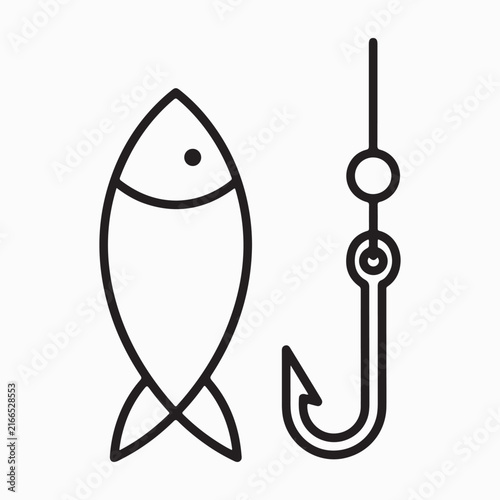 Vector line art illustration of a simple fish icon next to a fishing hook isolated on white background