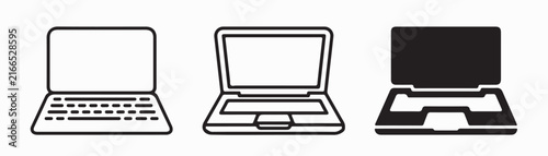 Vector line art and silhouette icon set of open laptop computers isolated on white background