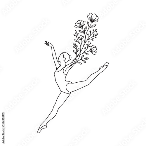Vector line art illustration of a female ballet dancer leaping mid air with blooming flowers growing from her arm