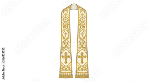 White Eucharistic stole with gold embroidery featuring crosses, wheat, and grapes on white background