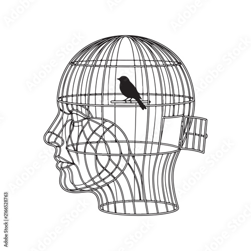 Conceptual vector illustration of a wire birdcage shaped like a human head with a black bird inside isolated on white background
