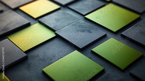 Squares of green and black tiles form an artistic display on a textured surface