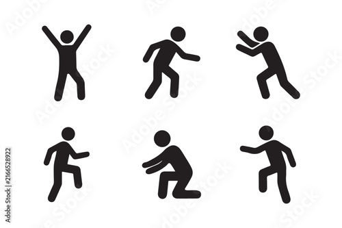 Vector stick figure icon set showing different human action poses isolated on white background