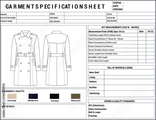 Foto Double Breasted Trench Coat Fashion Tech Pack Specification Sheet
