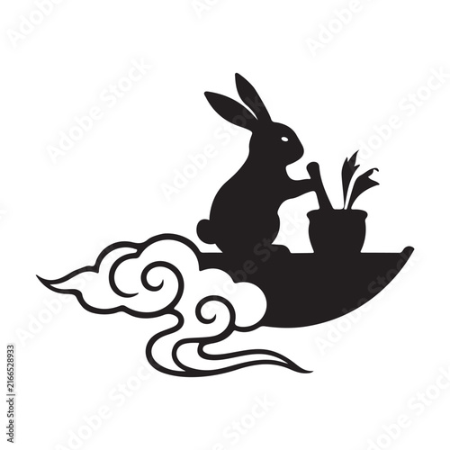 Vector black silhouette illustration of a moon rabbit pounding herbs with a mortar and pestle on a crescent moon with oriental clouds