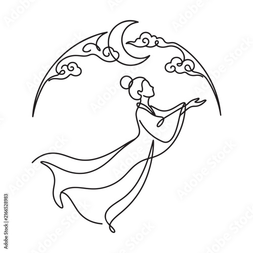 Continuous line art drawing of a flying woman character in traditional dress reaching toward a crescent moon and clouds