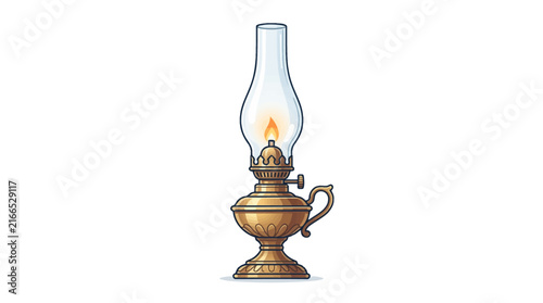 Classy vintage oil lantern vector icon, beautiful golden kerosene lamp with flame, paraffin lamp with fire on white background, classic lighting illustration