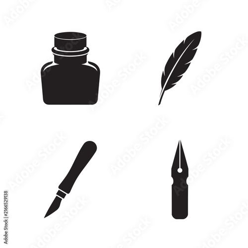 Vector black silhouette icon set of retro writing and crafting tools with ink bottle feather quill utility knife and fountain pen nib isolated on white background