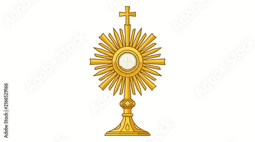 Golden Monstrance Illustration with Rays and Cross for Catholic Eucharist Adoration