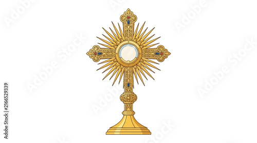 Golden Monstrance with Sunburst Design and Jeweled Accents Catholic Religious Vector Illustration Isolated on White Background