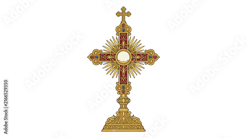 Illustrated Golden Processional Cross with Red and Gold Details, Ornate Sunburst Background and Stand