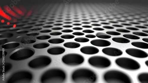 Close up view of metallic surface with circular holes reflecting light beautifully