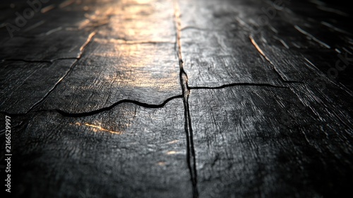 Light softly illuminates textured floor revealing deep cracks and shadows in the evening