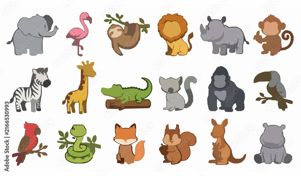 Naklejka premium Cute Zoo Animals Vector Set Flat Cartoon Wild Safari Jungle Icons Collection Elephant Lion Gorilla Cat Fox Kangaroo for Kids Design