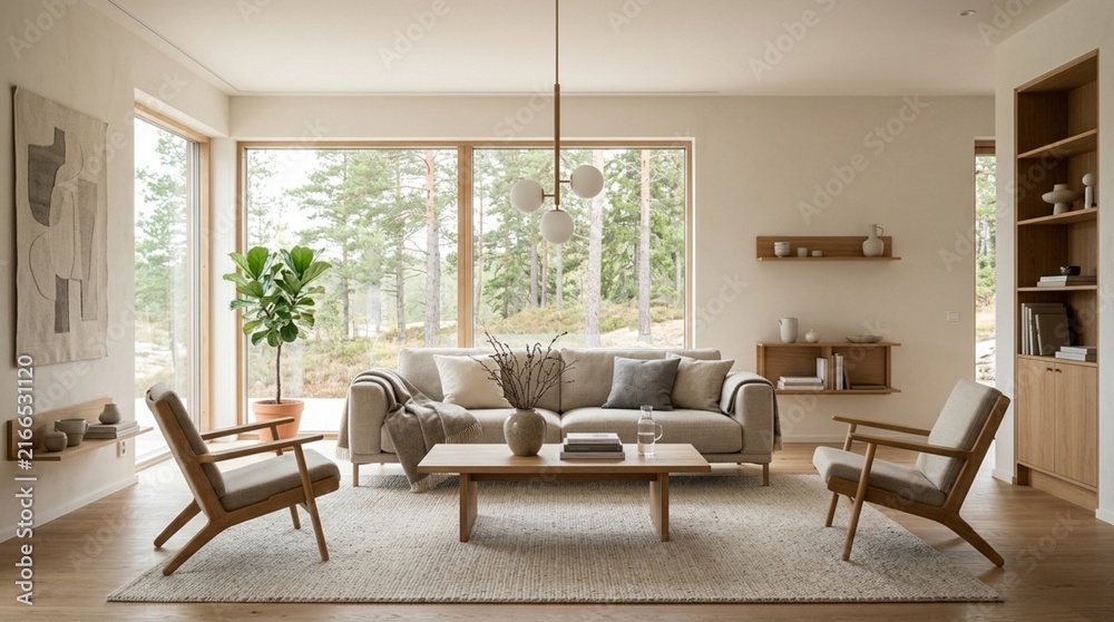 Fototapeta premium Cozy Living Room with Fireplace and Scenic Forest View