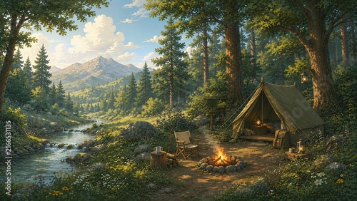 Cozy Forest Campsite Beside a Mountain Stream with Campfire