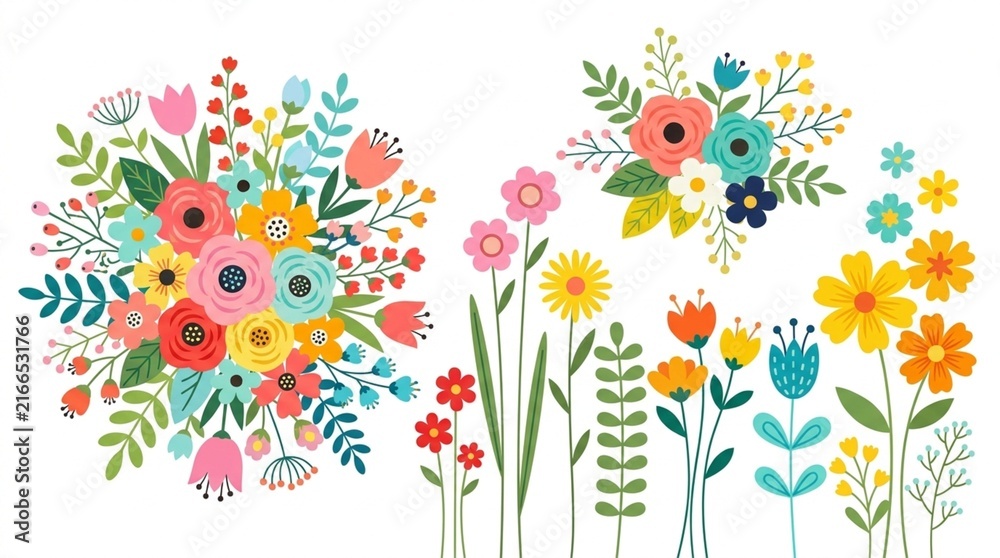 Fototapeta premium Colorful Hand Drawn Floral Elements and Bouquets Collection Isolated on White Background