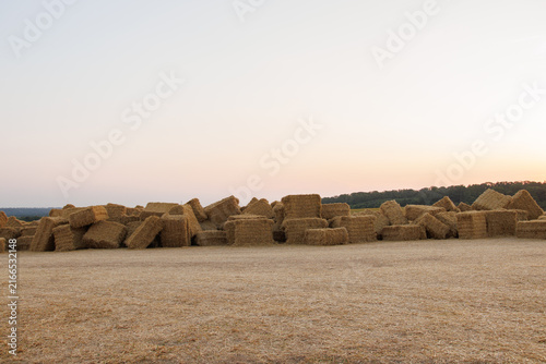 Large stack of rectangular straw bales in an open harvested field, representing agricultural harvest and rural life.