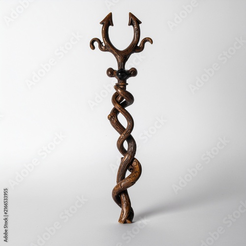 Carved wooden magical staff with intricate symbols closeup