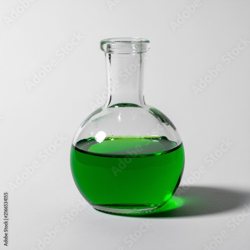 Green chemical liquid in a glass laboratory flask isolated