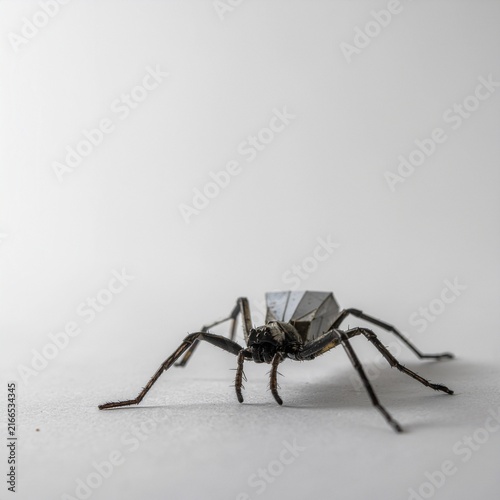 Macro photo of a mechanical spider sculpture on a table