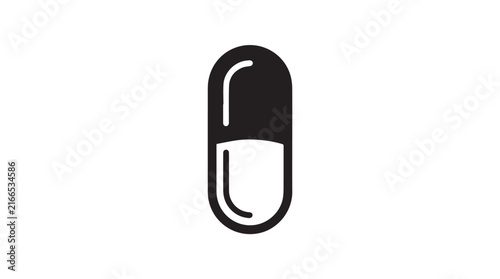Minimalist black and white capsule icon representing medicine and health.