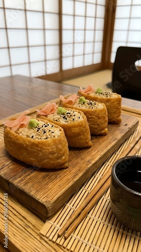 Artistic Presentation of Inari Sushi on a Rustic Wooden Board with Soy Sauce Cup and Bamboo Mat — Four golden-brown Inari sushi pockets are arranged diagonally on a weathered wooden serving board; eac