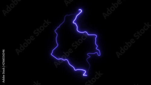 Glowing neon outline map of colombia animation on black background