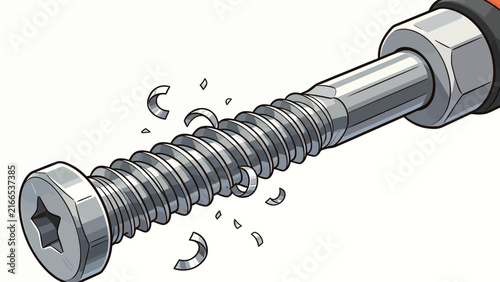 Animated illustration of a metal screw breaking under torque from a power tool, with fragments flying off