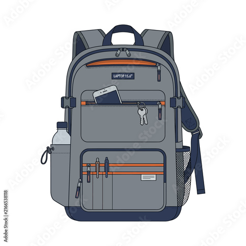 Backpack featuring multiple organizational compartments, water bottle pockets, and a built-in pen holder.